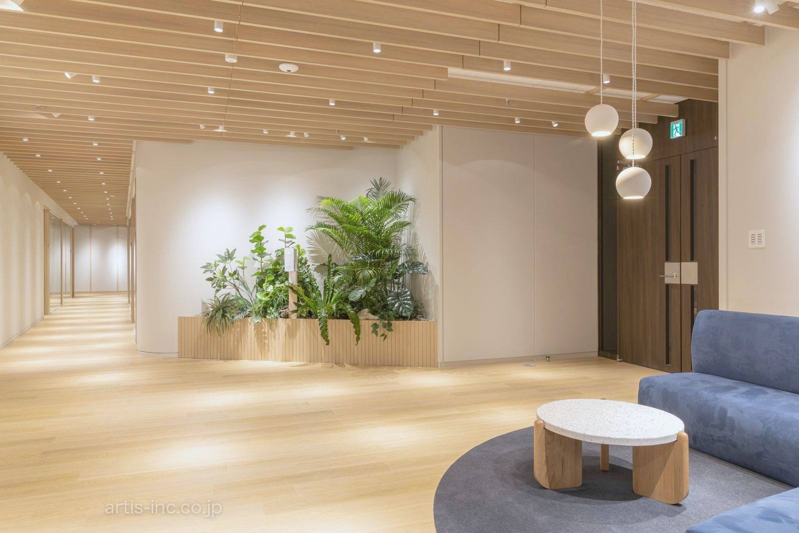 木の天井と植栽のある明るいラウンジ